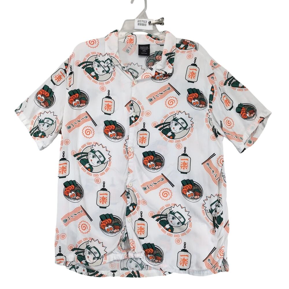 2007 Naruto‎ Shippuden Kishimoto Ramen Bowl Print Button Shirt Men's L Short Slv